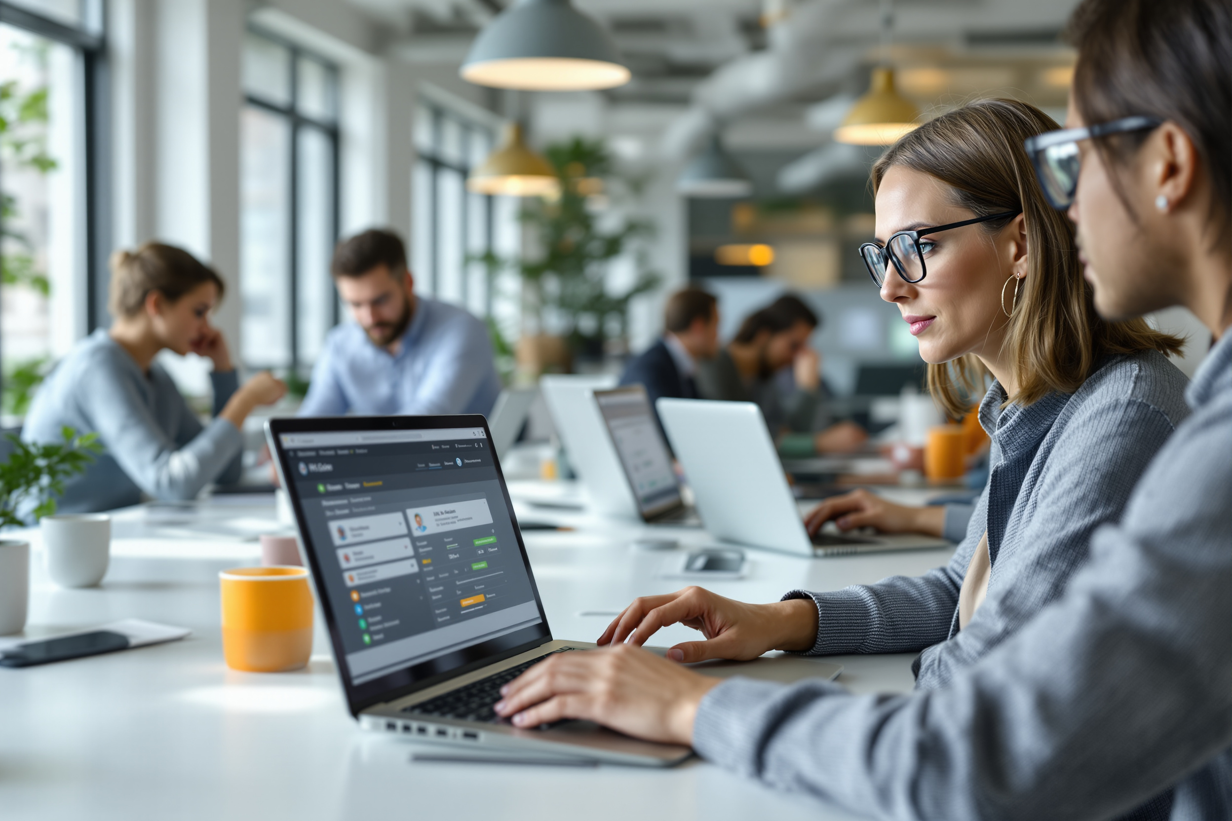 Team arbeitet an No-Code KI-Plattform in modernem Büro.