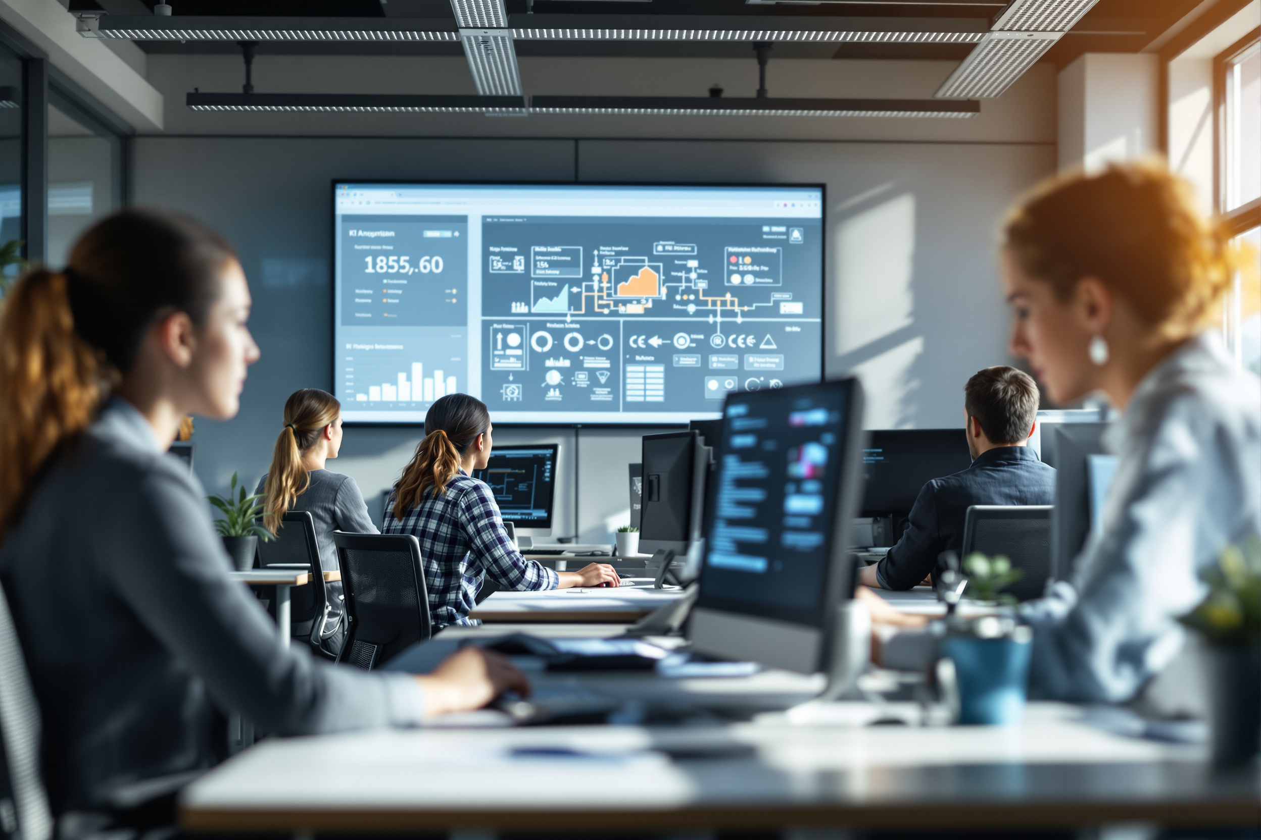 Büroangestellte arbeiten mit KI-Agenten an ihren Computern