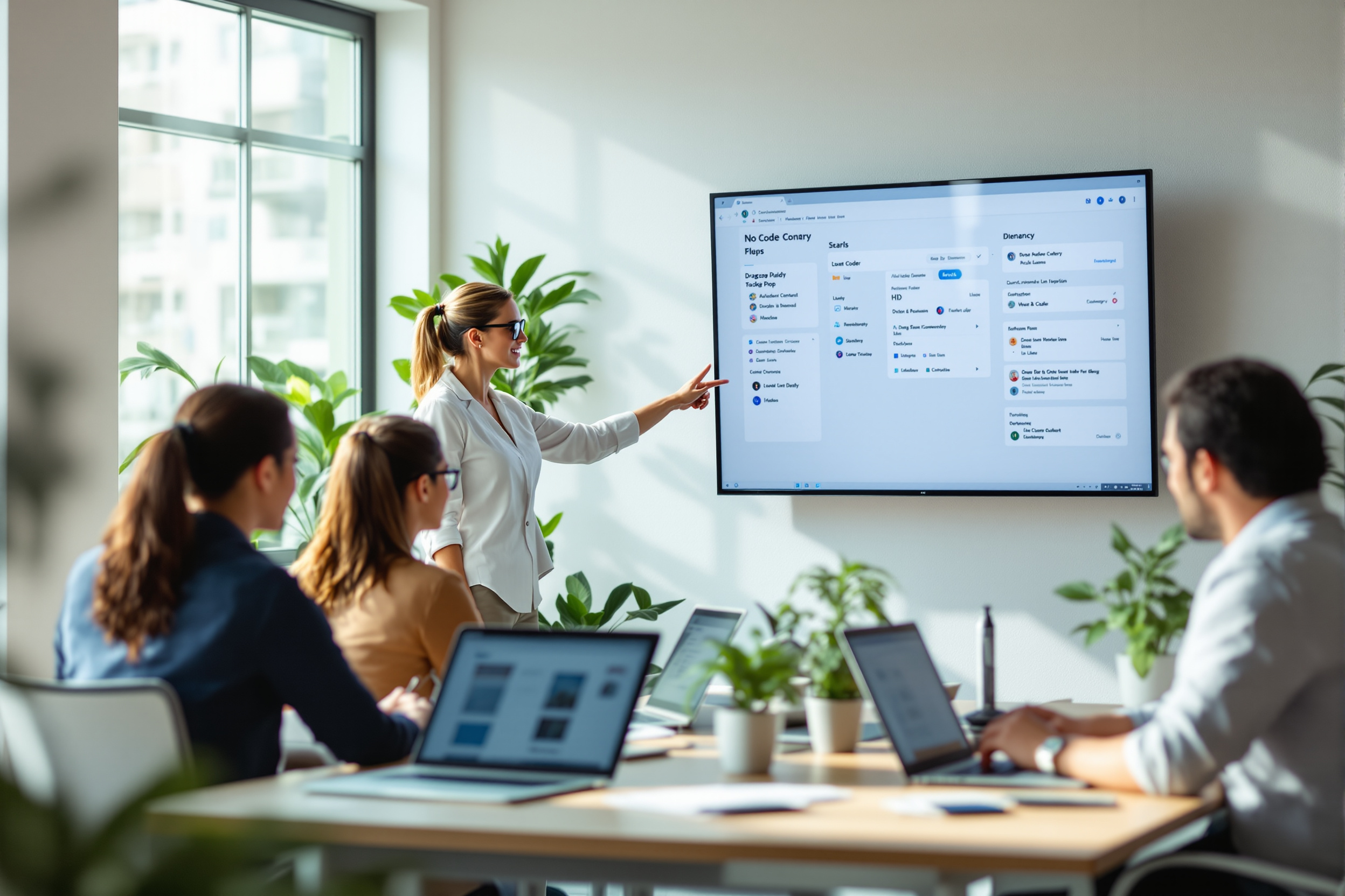 Mitarbeiter nutzen eine No-Code-Plattform zur Entwicklung von KI-Anwendungen in einem modernen Büro.