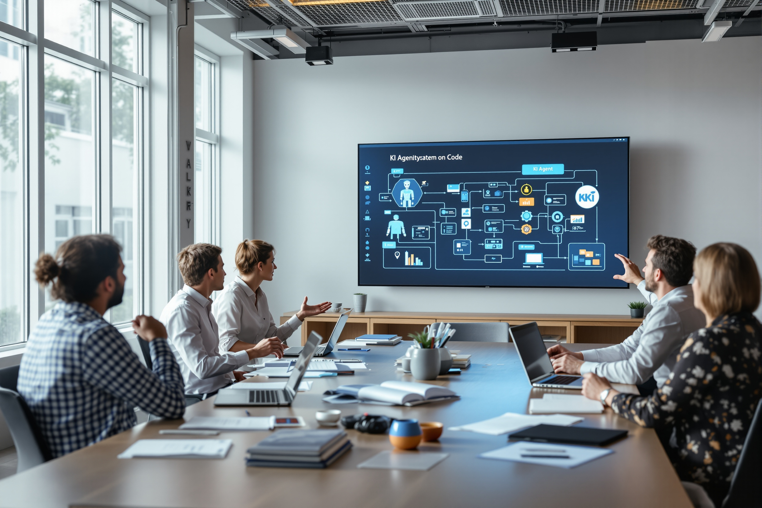 Team arbeitet an der Implementierung eines KI-Agenten mit einer No-Code-Plattform in einem modernen Büro.
