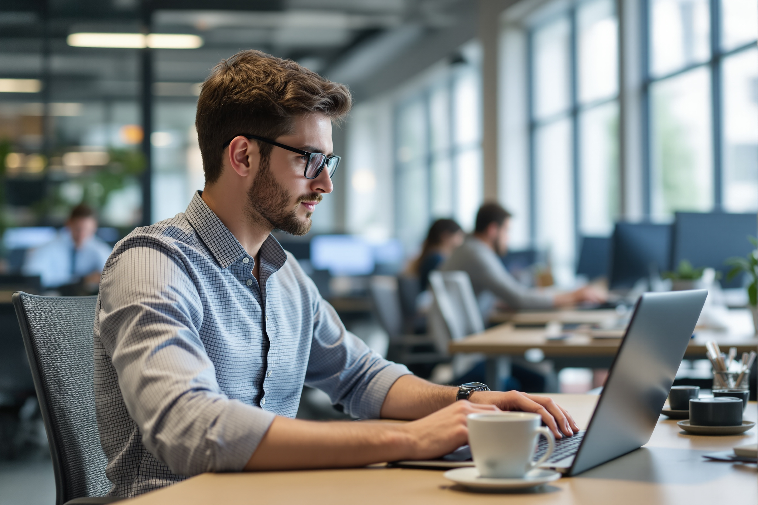 Mitarbeiter nutzt Agentic AI Software in einem modernen Büro
