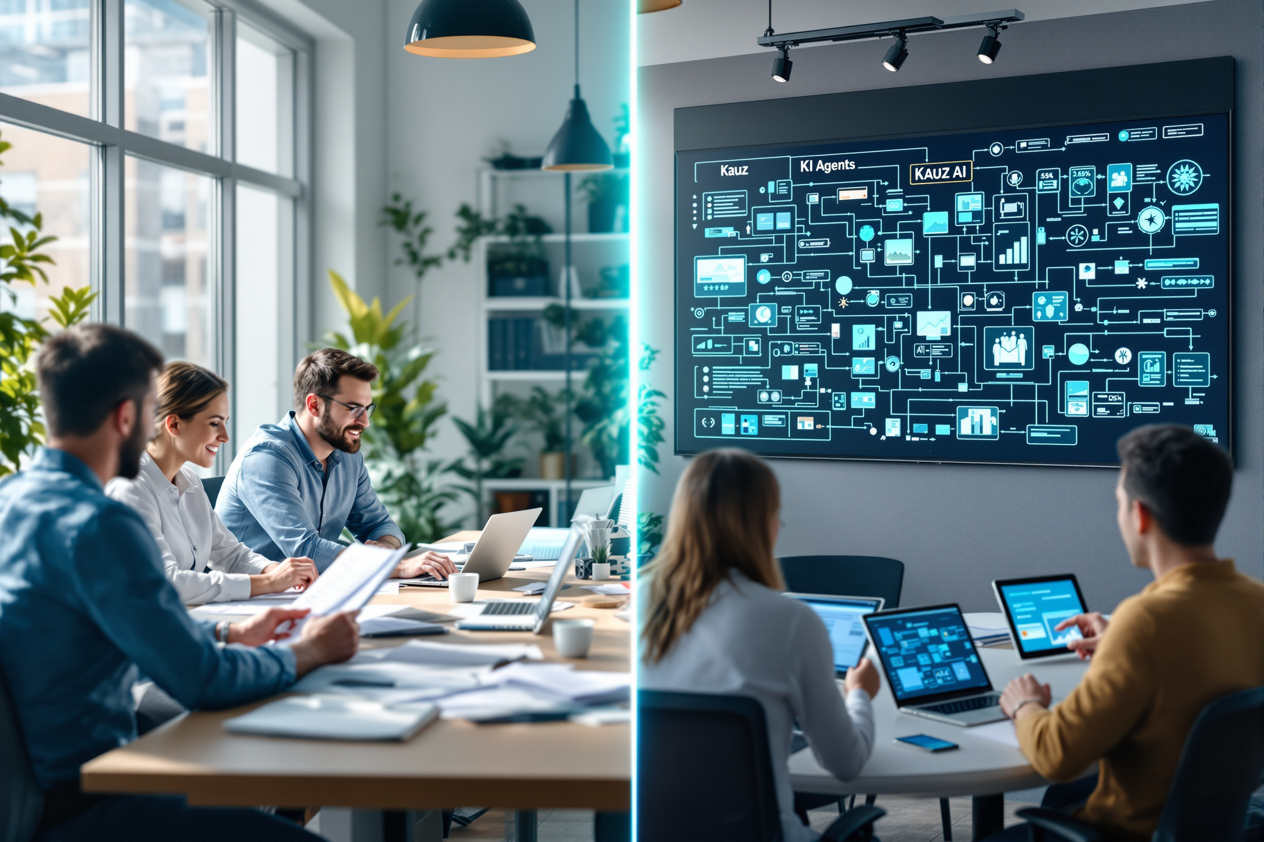 Vergleich von traditionellem Büro und KI-gestütztem Arbeitsplatz