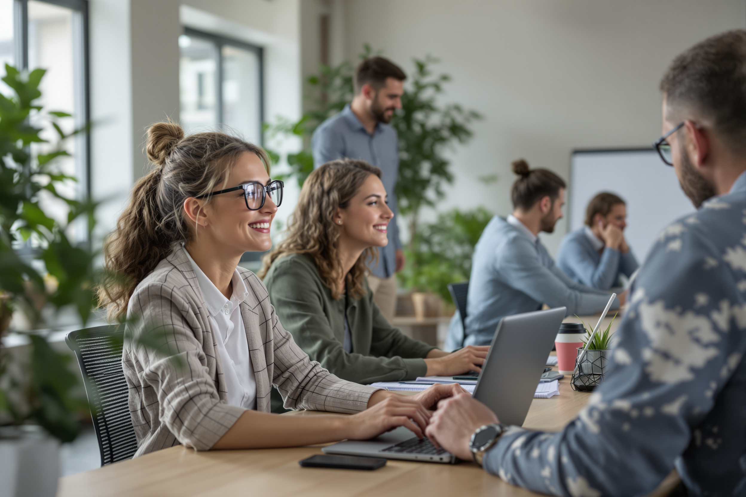 Mitarbeiter arbeiten mit No-Code-Plattform an modernen Büroarbeitsplätzen.