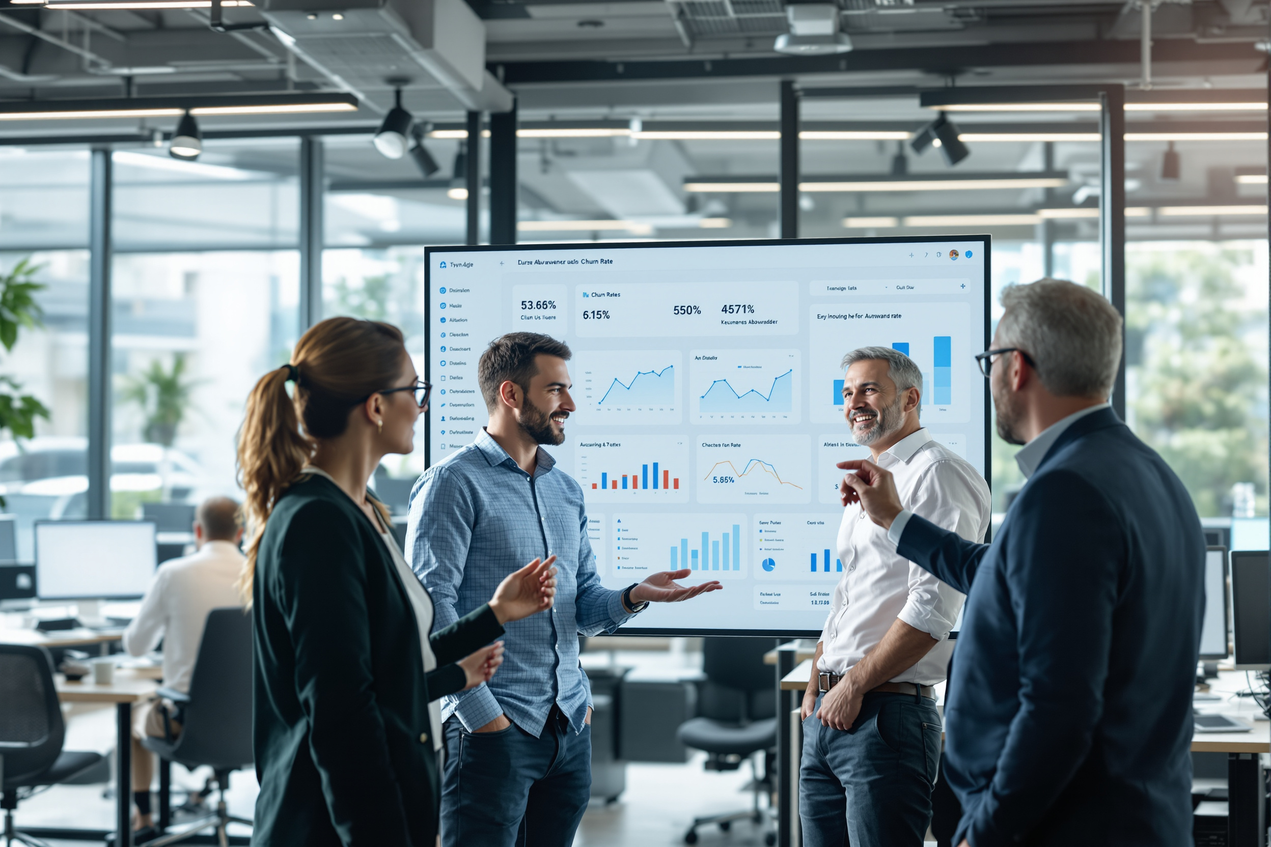 Team analysiert Churn Rate auf einem Dashboard in einem modernen Büro.