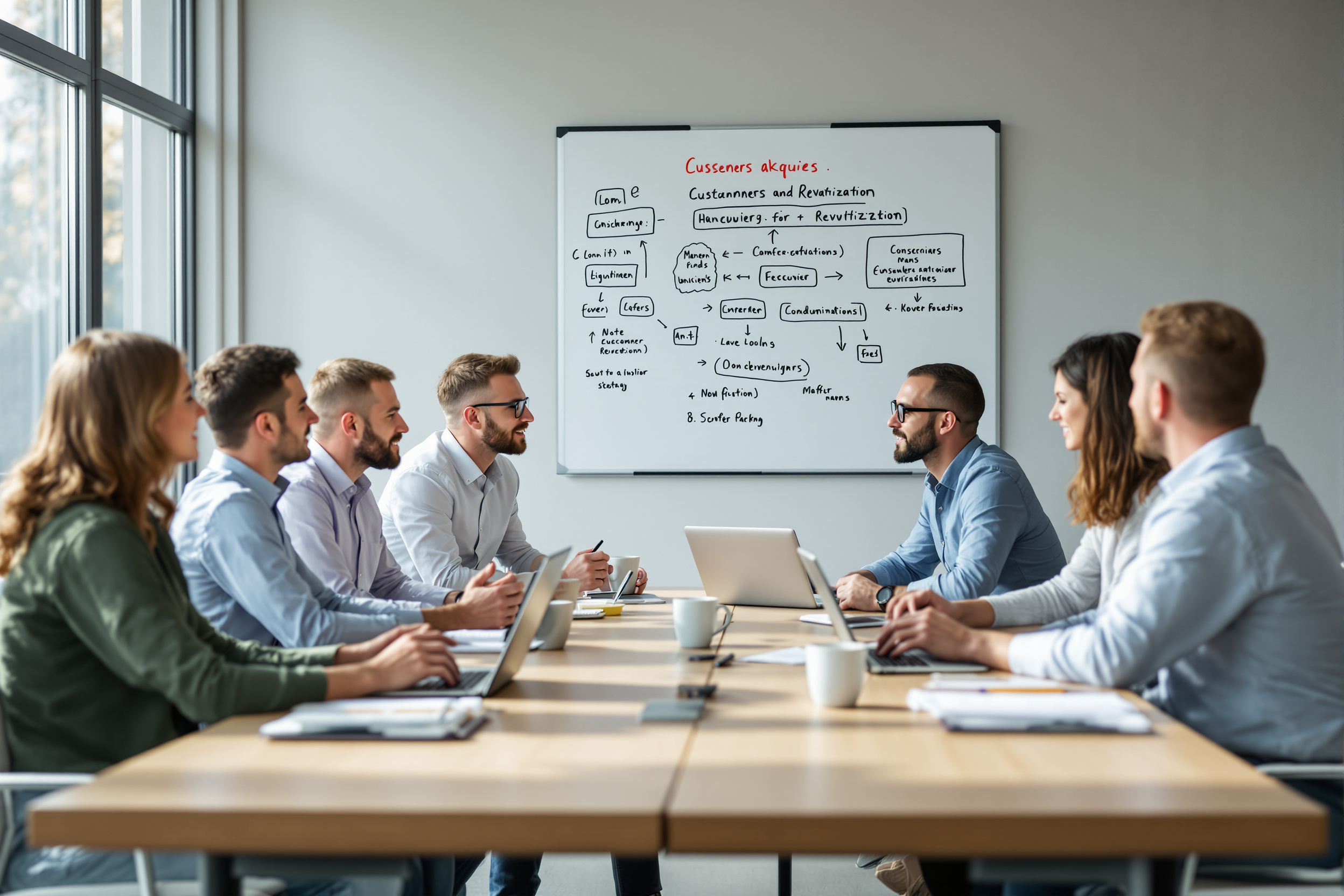 Team bespricht KI-gestützte Win-Back-Kampagnen in einem hellen Büro.