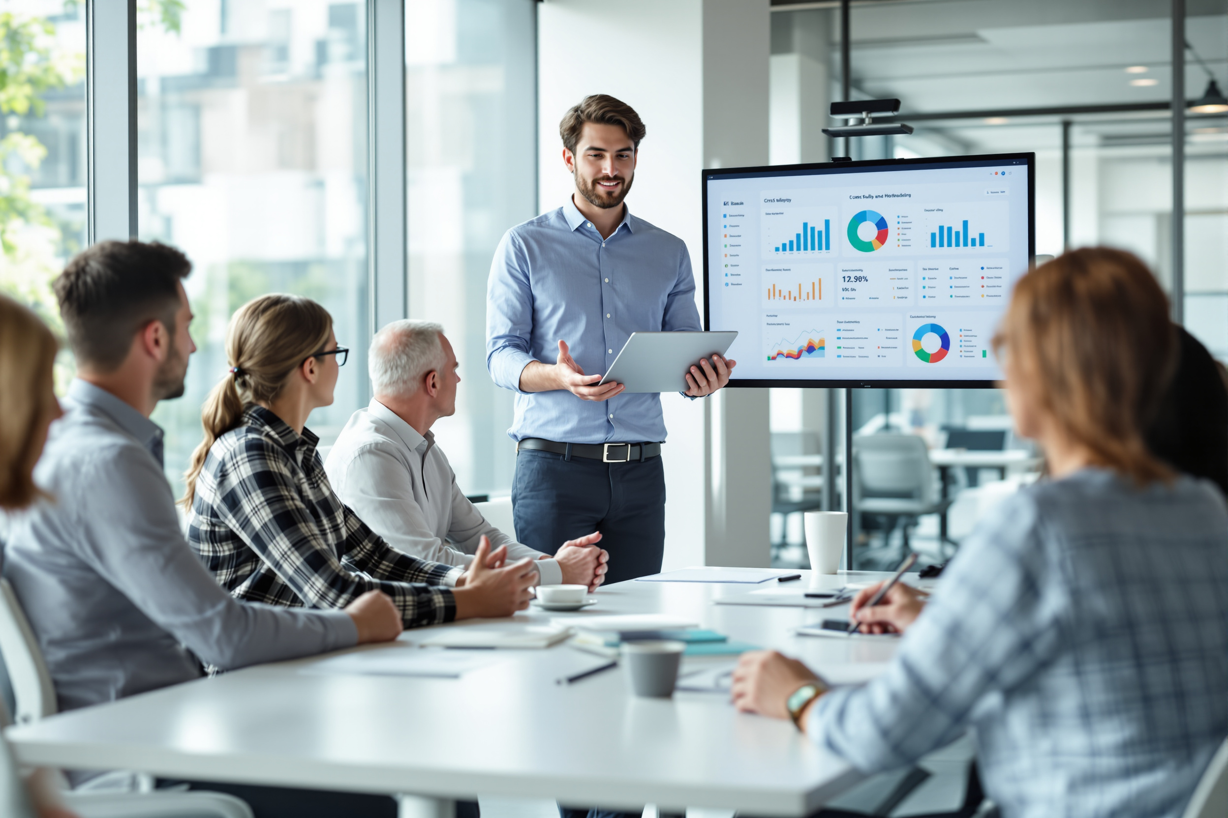 Mitarbeiter präsentiert Umsatzpotenziale durch KI-gestütztes Cross-Selling und Upselling im Meeting.
