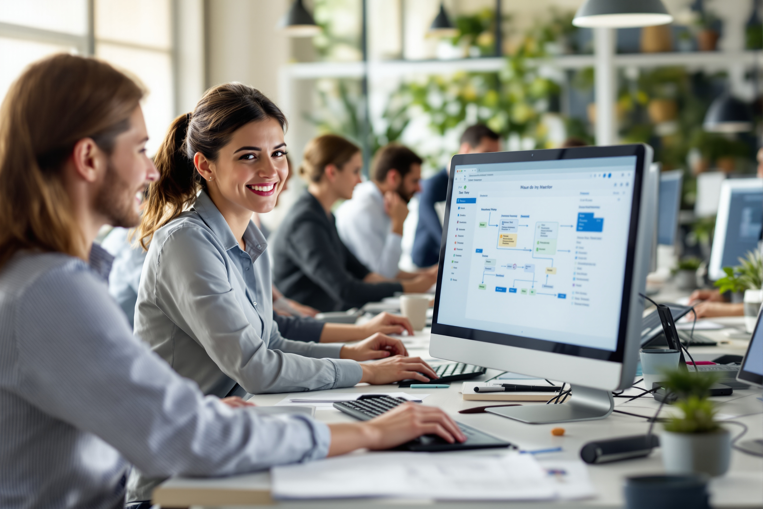 Mitarbeiterin entwirft einen automatisierten Workflow auf einer No-Code-Plattform in einem modernen Büro.