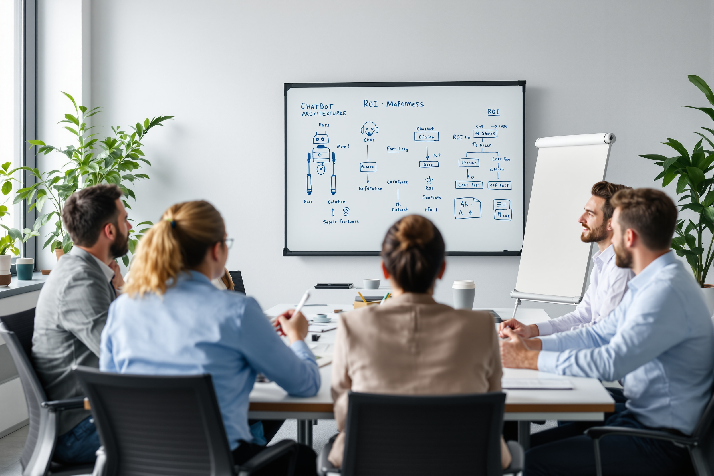 Fachleute diskutieren ROI von Chatbots im Kundenservice in einem modernen Büro.