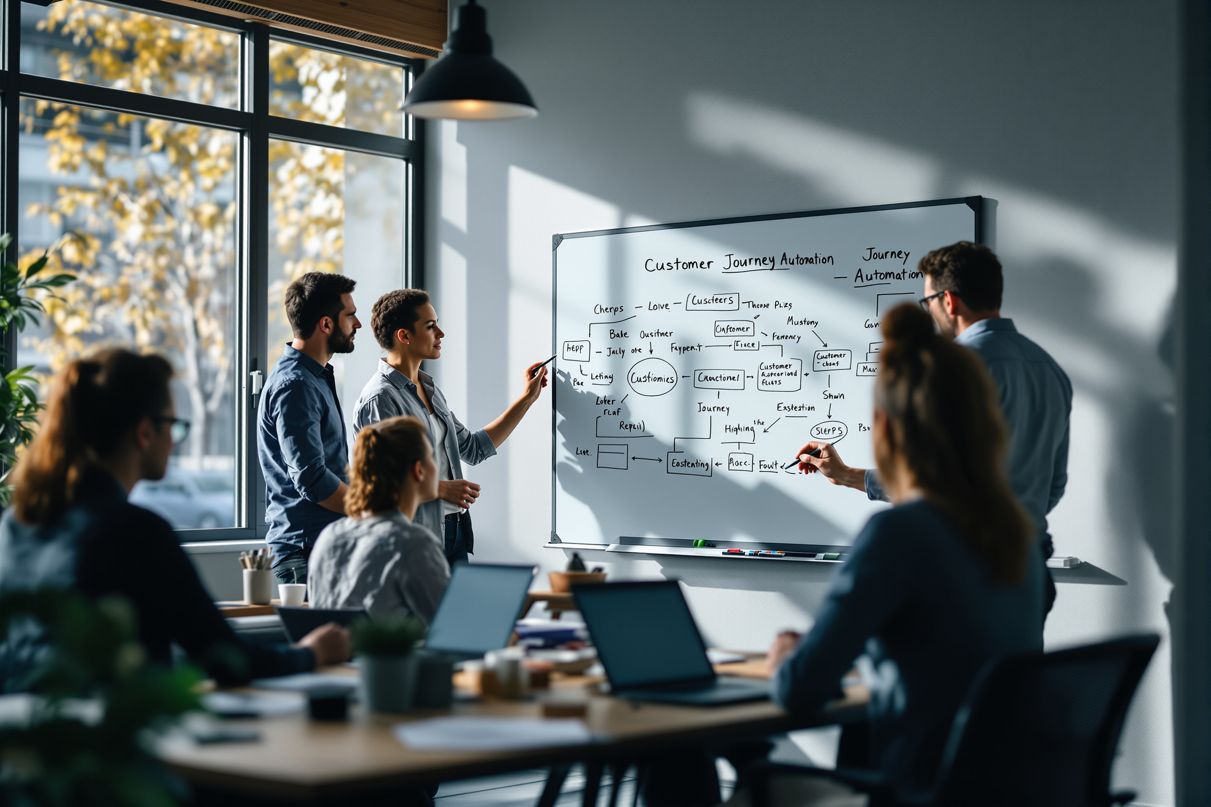 Ein Team arbeitet an der Automatisierung der Customer Journey in einem modernen Büro.