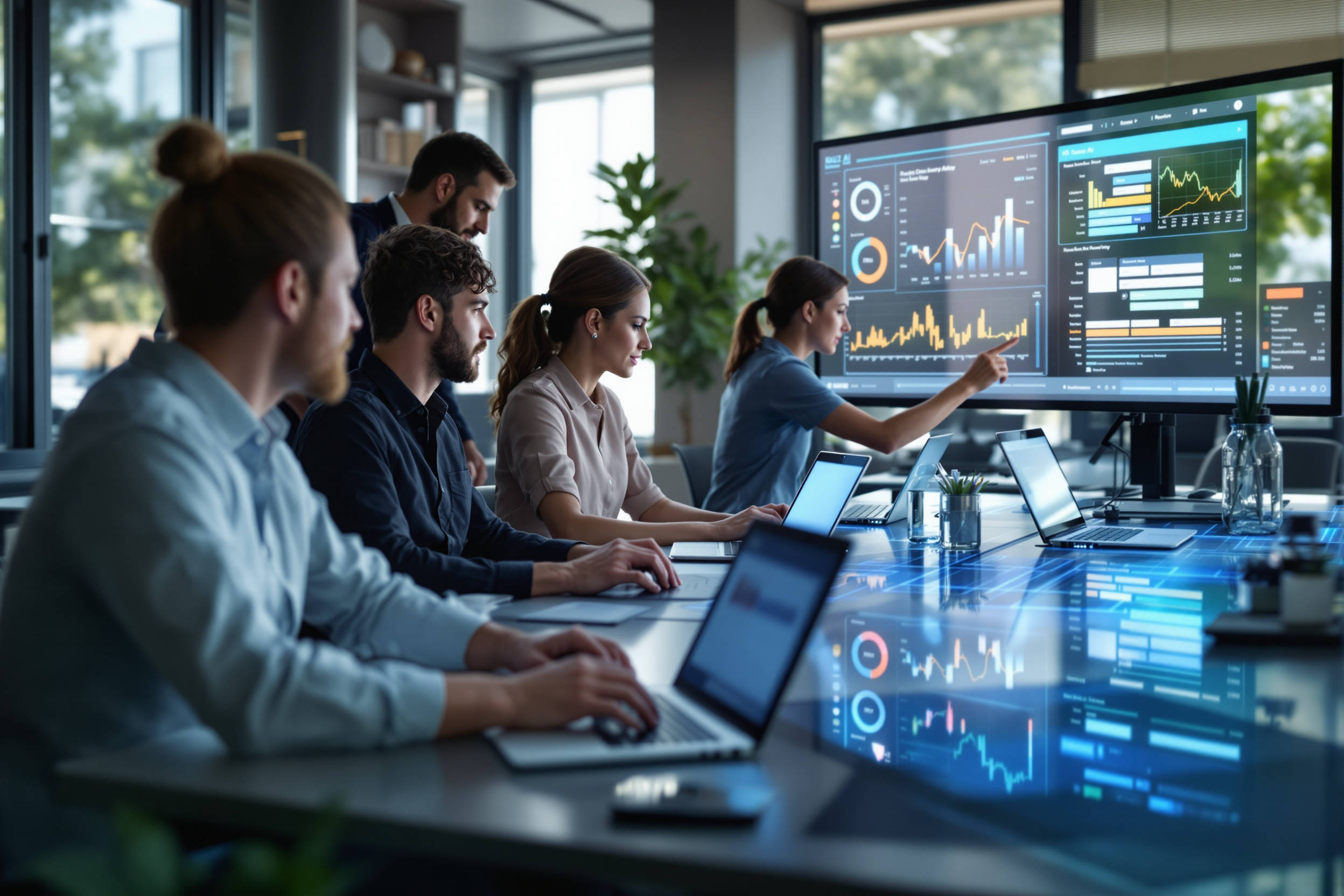 Vertriebsteam nutzt KI-gestützte Analysen auf einem interaktiven Display