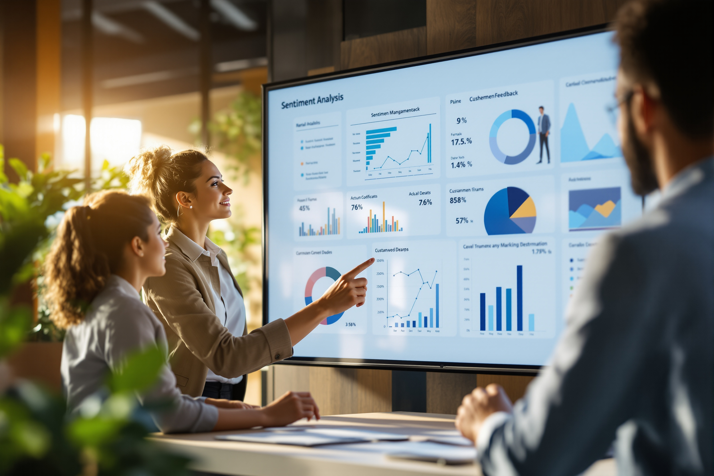 Team analysiert Kundensentiment mit KI-gestützter Software auf einem Touchscreen.
