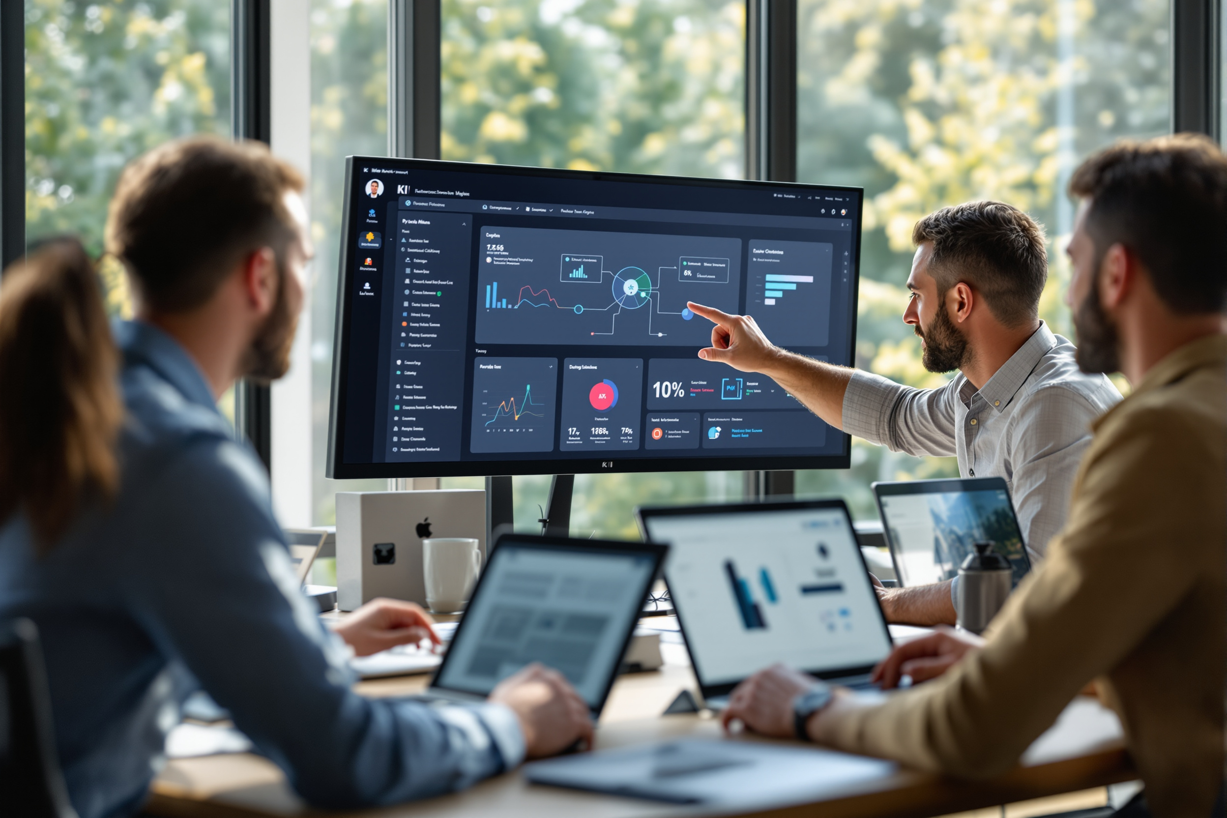 Team arbeitet gemeinsam an KI-Dashboard im Büro