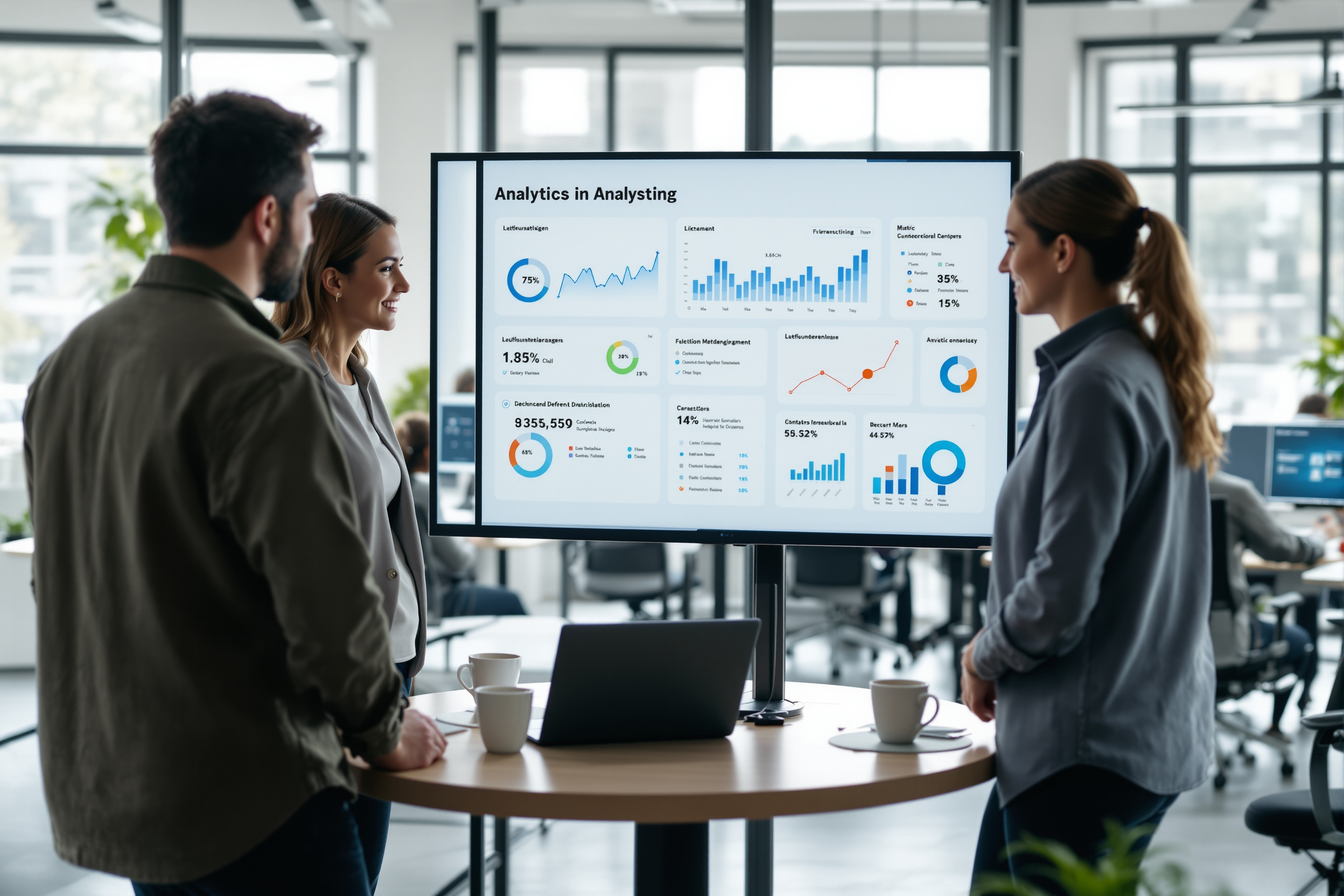 Team betrachtet Analytics-Dashboard zur Leistungssteigerung eines KI-Chatbots.