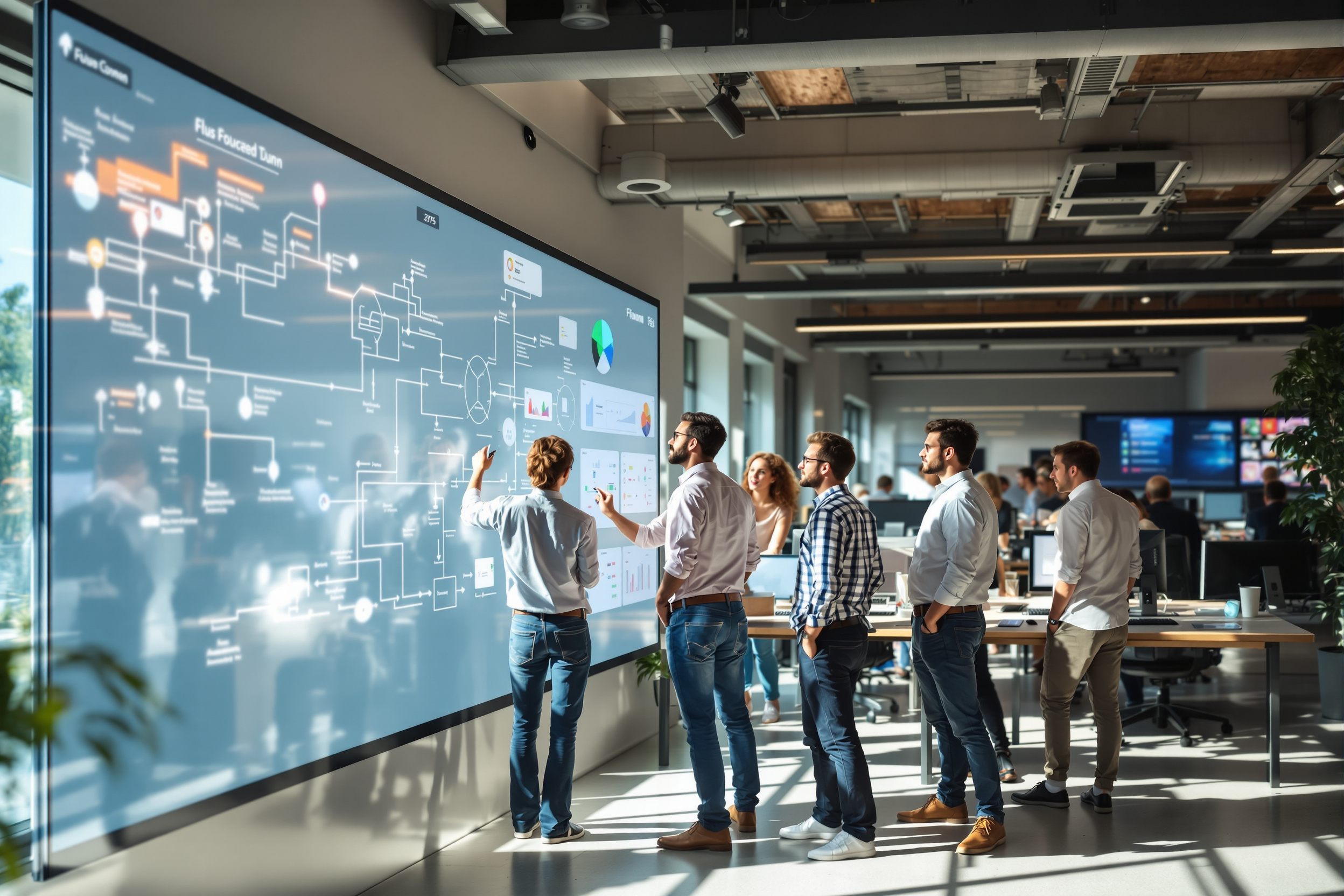 Team nutzt No-Code-Plattform zur KI-gestützten Prozessautomatisierung in modernem Büro