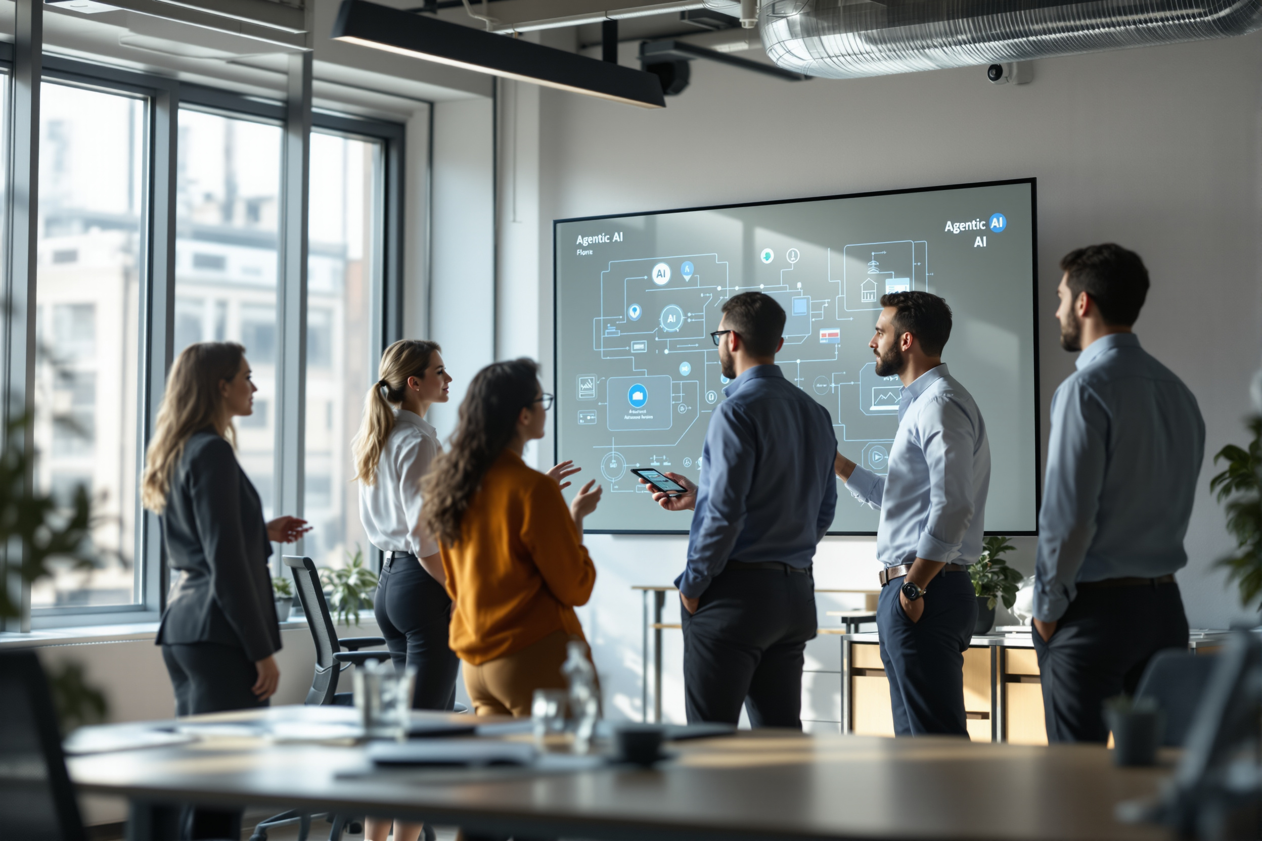 Team arbeitet an der Integration von Agentic AI in einem modernen Büro.