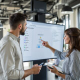 Zwei Kollegen arbeiten gemeinsam an einem Touchscreen-Monitor