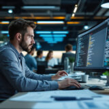 Team arbeitet gemeinsam an einer No-Code KI-Plattform in einem modernen Büro.