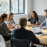 Team nutzt Slack Bot für interne Kommunikation im modernen Büro.