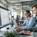 Mitarbeiter arbeiten gemeinsam an der Integration eines Zendesk Chatbots in ihren Arbeitsablauf.