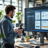 Mitarbeiter integriert Chatbot in Magento Shop auf einem Tablet im modernen Büro.