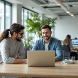 Team arbeitet an CRM-Dashboard mit KI-Automatisierung in modernem Büro.