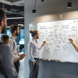 Mitarbeiter diskutieren Vektorisierung von Datenbankinhalten für KI-Suche vor einem Whiteboard.