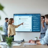 Intranet mit KI-Chatbot in einem modernen Büro. Mitarbeiter interagieren mit dem intelligenten System.