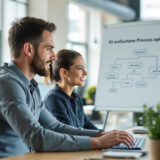 Ein IT-Experte hilft einer Marketing-Kollegin bei einem Softwareproblem in einem modernen Büro