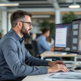 Mitarbeiter nutzt Microsoft Teams Chatbot im Büro.