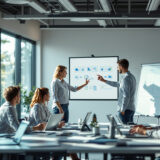 Team arbeitet mit No-Code-KI-Plattform in modernem Büro.