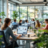 Mitarbeiter nutzen Personio und KI-Assistenten in einem modernen Büro.