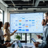 Mitarbeiter arbeiten gemeinsam an einer No-Code-KI-Plattform in einem modernen Büro.