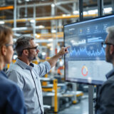 Team analysiert Produktionsdaten auf einem Dashboard in einer modernen Produktionshalle.