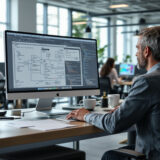 Mitarbeiter arbeitet an einem Laptop mit KI-basierter Software in einem modernen Büro.