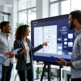 Team steuert KI-Prozesse ohne Code auf interaktivem Display.