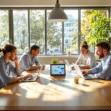 Team arbeitet gemeinsam an einer No-Code-KI-Plattform in einem modernen Büro.