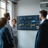 KI-basierte Szenario-Simulation im Unternehmen: Team trifft strategische Entscheidungen mit Hilfe eines interaktiven Dashboards.