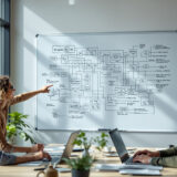 Mitarbeiter diskutieren skalierbare KI-Agenten-Architektur an Whiteboard in modernem Büro.