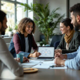 Team diskutiert ethische KI-Entscheidungen auf einer No-Code-Plattform.