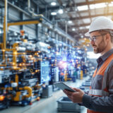 Ingenieur nutzt Predictive Maintenance KI auf einem Tablet in einer Fabrikhalle