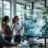 Team arbeitet kollaborativ mit KI-gestützter Technologie an einem interaktiven Bildschirm