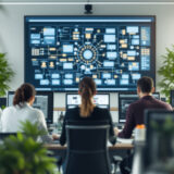 Mitarbeiter arbeiten in einem modernen Büro mit einem Multi-Agenten-System im Hintergrund.