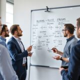 Besprechung zur KI-gestützten Entscheidungsfindung mit No-Code-Plattform im modernen Büro.