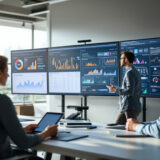 Logistikexperten arbeiten in einer modernen Lieferkettenzentrale mit KI-gestützten Dashboards und einer No-Code-Plattform.