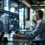 IT-Spezialist überwacht IT-Infrastruktur in modernem Überwachungszentrum.