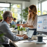 Mitarbeiter analysieren Wettbewerbsdaten mit KI-gestützten Tools in einem modernen Büro.