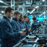 Team in Produktionshalle nutzt KI zur Vorhersage von Ausfällen und Effizienzsteigerung.