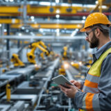 Ingenieur überwacht Produktionslinie mit KI-gestützter Qualitätskontrolle in einer Fabrik.