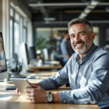 Einkaufsleiter automatisiert Prozesse mit KI-Agenten auf einem Tablet.