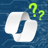 Microsoft-Copilot-Logo mit grünen Fragezeichen auf blauem Hintergrund
